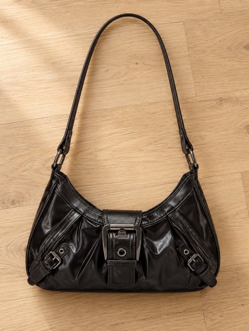 Black buckle shoulder bag - y2k grunge faux leather mini bag